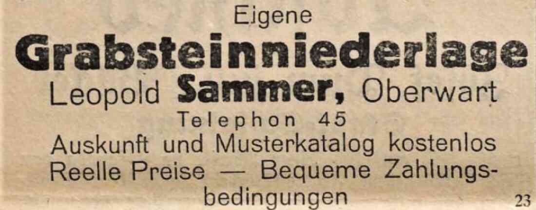 Inserat der Fa. Leopold Sammer (später Samer) - Baustoffe, Dachdeckerei und Grabsteinniederlage (Steinamangererstraße 22) in der Oberwarther Sonntags-Zeitung vom 11. Mai 1930
