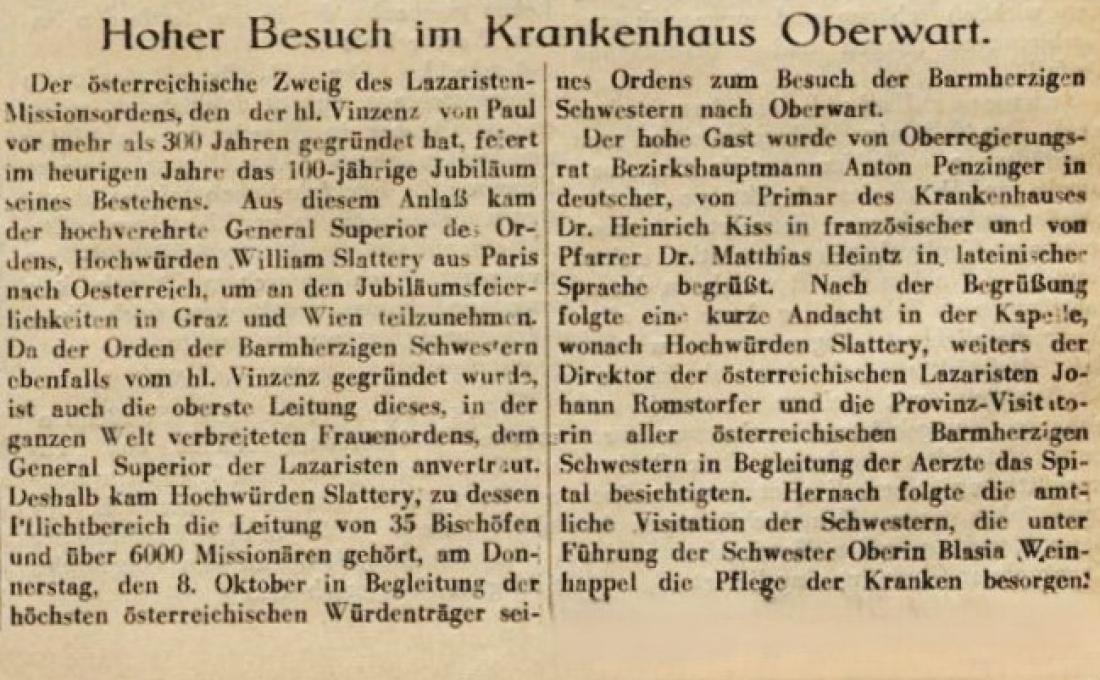 Bericht: General Superiors des Lazaristen Missionsordens d. Hl. Vinzenz, Hochwürden William Slattery - "Hoher Besuch im Krankenhaus" in der Oberwarter Zeitung vom 18. Oktober 1953