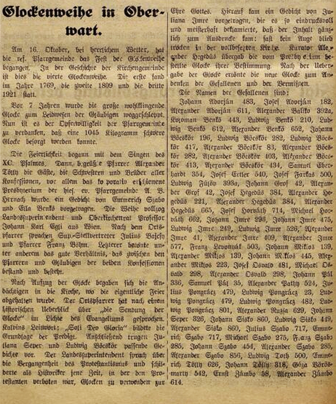 Oberwarter Zeitung vom 23. Oktober 1949: Glockenweihe in der reformierten Pfarrgemeinde nach dem Krieg am 16. Oktober 1949