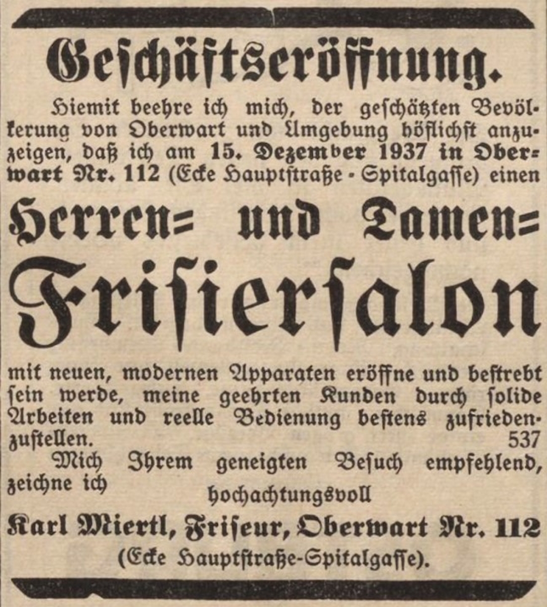 Announce zur Geschäftseröffnung des Frisiersalons von Karl Miertl OW 112 / Steinamangererstraße 20 in der Oberwarther Sonntags = Zeitung