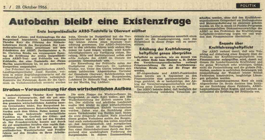 Artikel in der BF vom 28. Oktober 1966: "Erste Bgld. ARBÖ-Teststelle in Oberwart eröffnet"