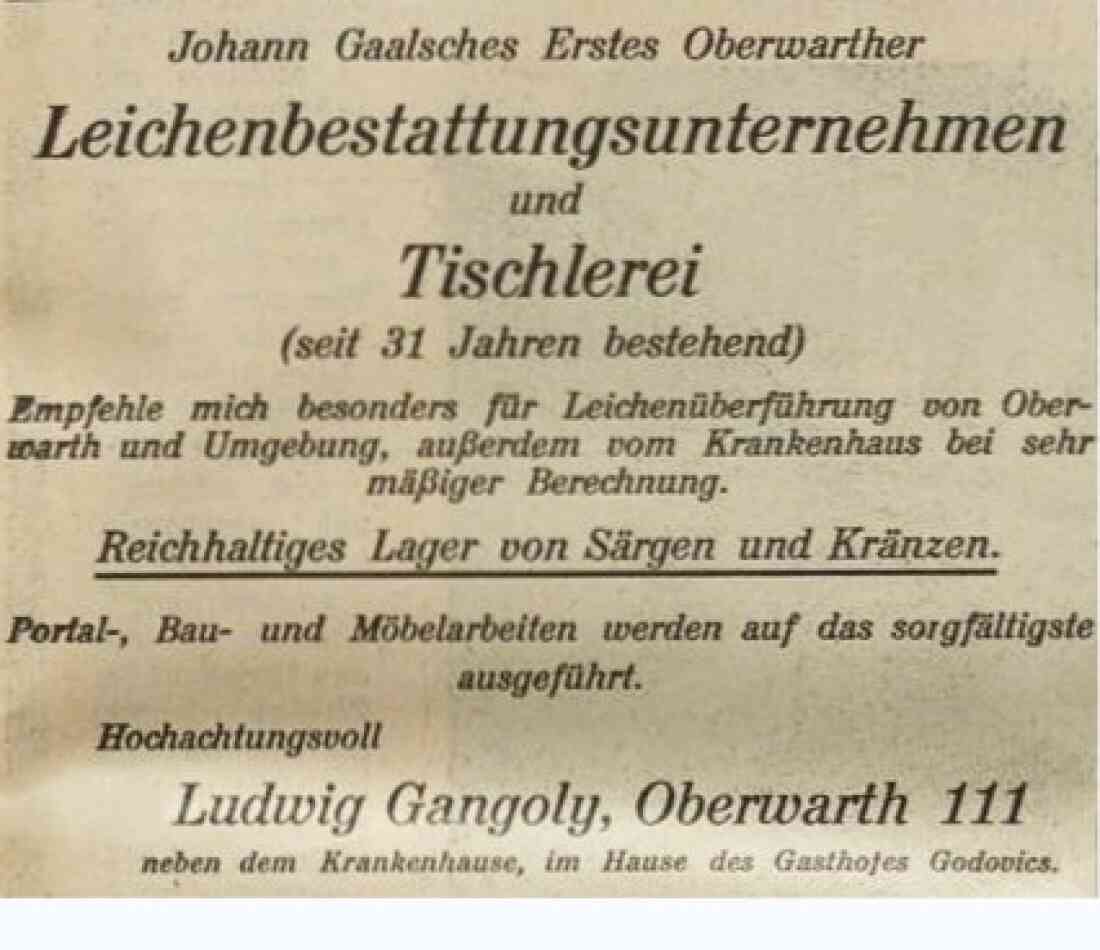 Anzeige in der Oberwarther Sonntags-Zeitung vom 26. Jänner 1926: Johann Gaalsches Erstes Oberwarther Bestattungsunternehmen und Tischlerei - Ludwig Gangoly (OW 111 / Steinamangererstraße 24)