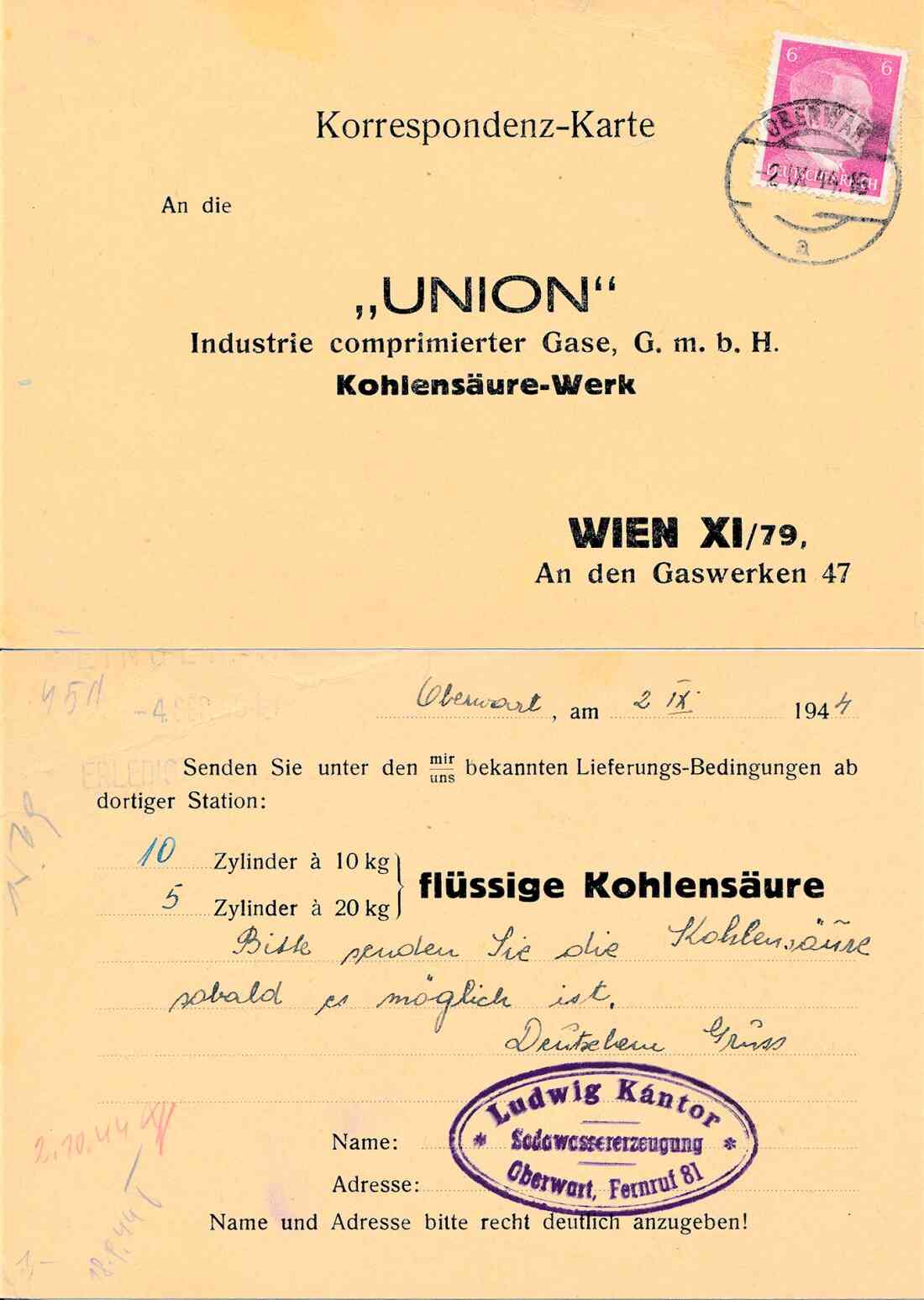 Bestellkarte der Fa. Ludwig Kantor - Sodawassererzeugung