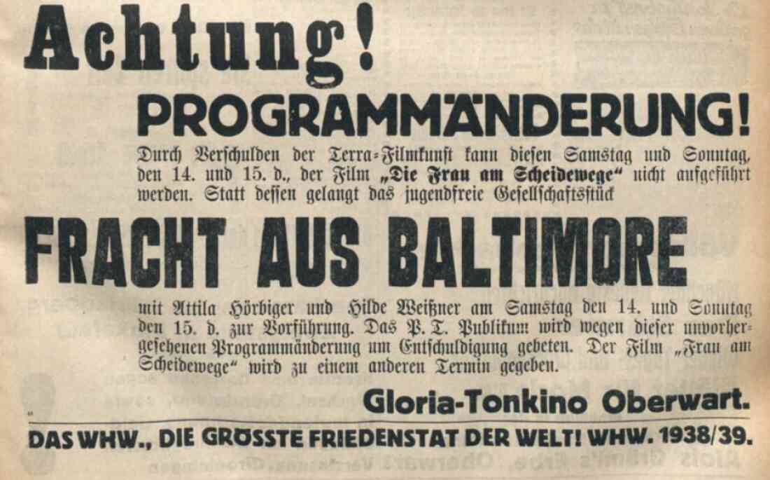 Gloria-Tonkino: Einschaltung in der Oberwarther Sonntags-Zeitung - OZ vom 22. Januar 1939