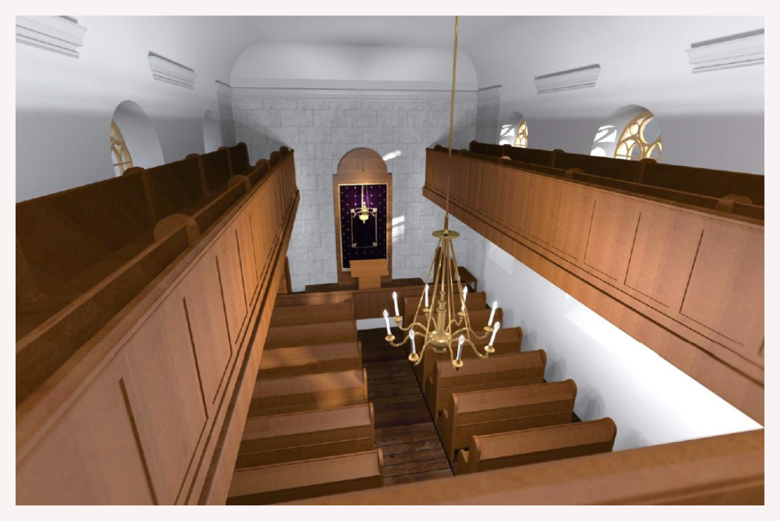 Jüdische Gemeinde: Innenraum der Synagoge - Virtuelle Rekonstruktion von Simon Hosemann / Geschichte der jüdischen Gemeinde