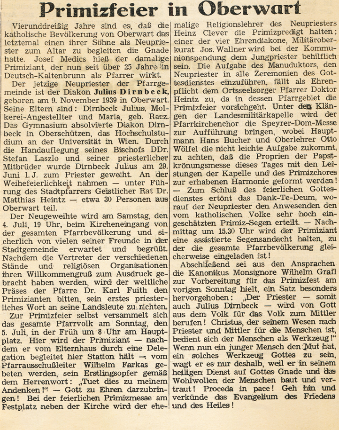 Röm. kath. Pfarre - Primiz von Julius Dirnbeck: Artikel in der Oberwarther Sonntags = Zeitung vom 5. Juli 1964