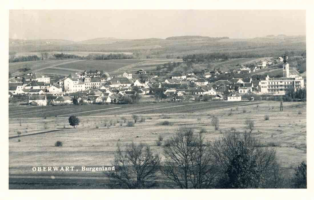 Ansichtskarte: Blick vom südl. Stadtrand auf das Stadtzentrum mit Krankenhaus, kath. Kirche, Schlainingerstraße, Rathaus, Kaserne uam.