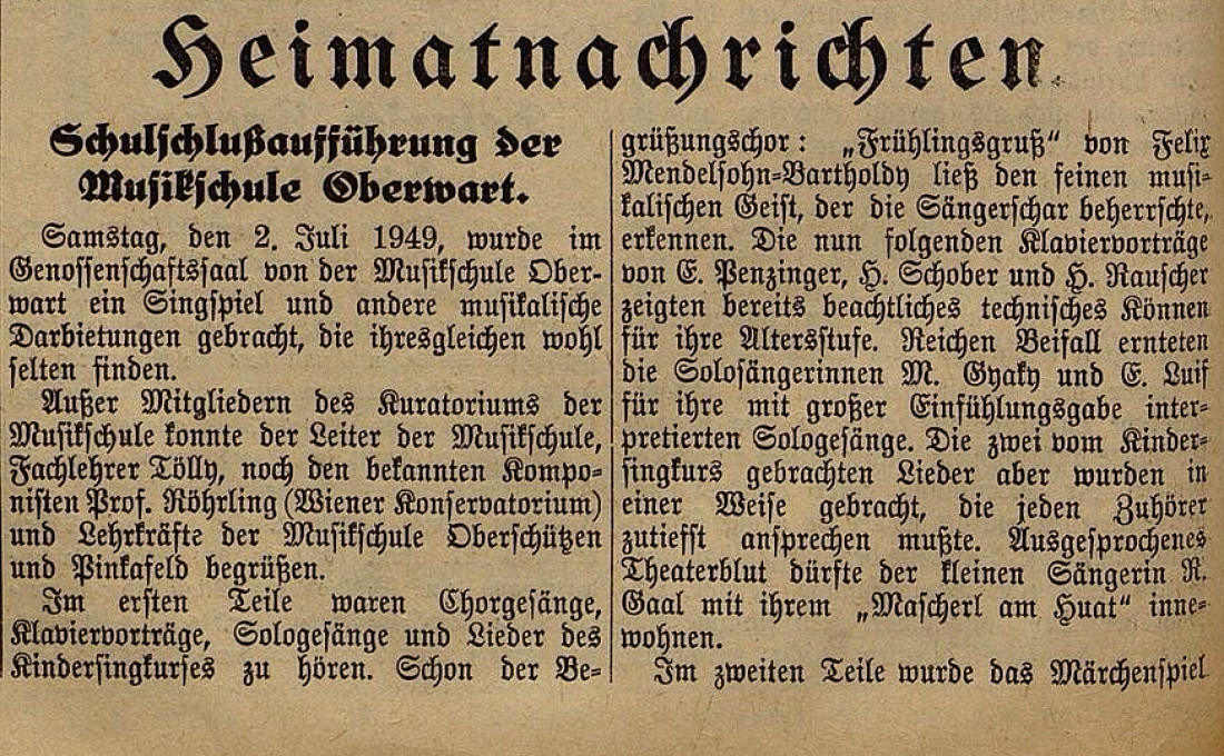 Artikel in der Oberwarther Zeitung vom 10. Juli 1949: Schlußaufführung der Musikschule mit dem Märchenspiel "Schwan kleb an"