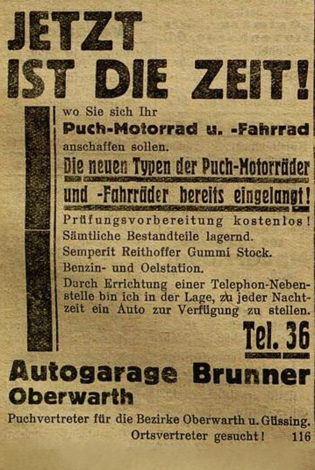 Autogarage Brunner: Announce in der Oberwarther Sonntags = Zeitung vom 17. April 1932 über den Verkauf von Puch Fahrrädern und Motorrädern