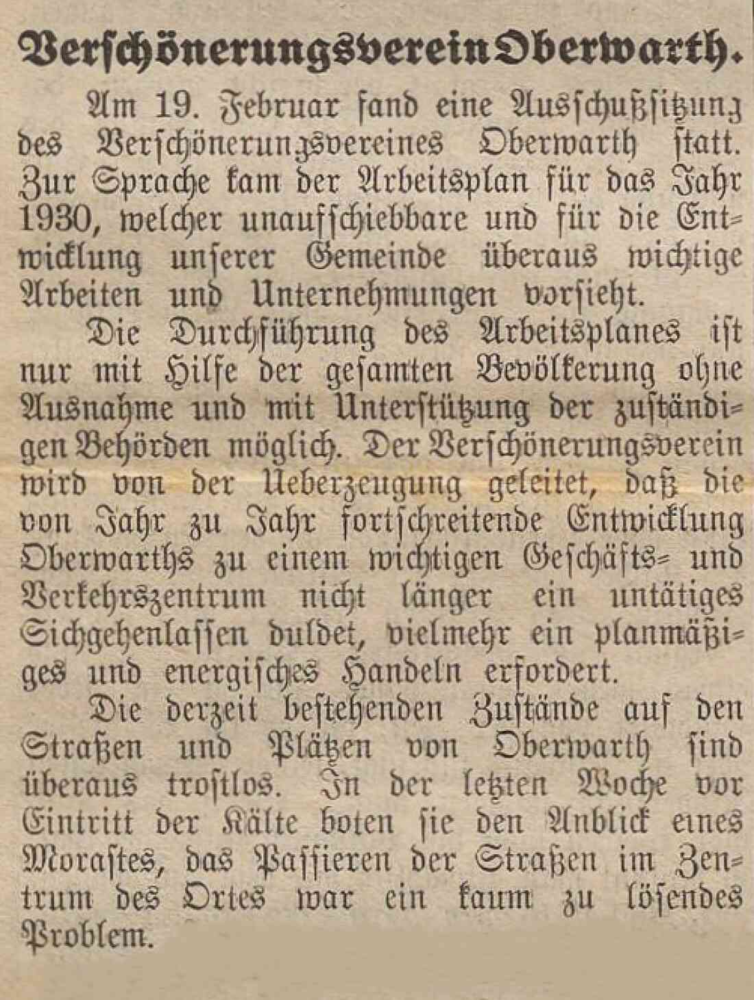 Artikel in der Oberwarther Sonntags-Zeitung vom 2. März 1930 über eine Ausschußsitzung des Verschönerungsvereins