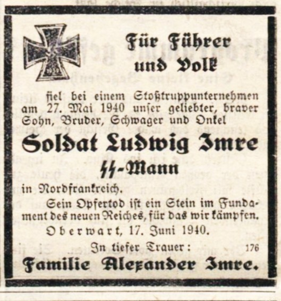 Oberwarther Sonntags = Zeitung vom 23. Juni 1940: Ludwig Imre - 1. Todesanzeige für einen Oberwarter Soldaten des II. Weltkriegs in dieser Zeitung