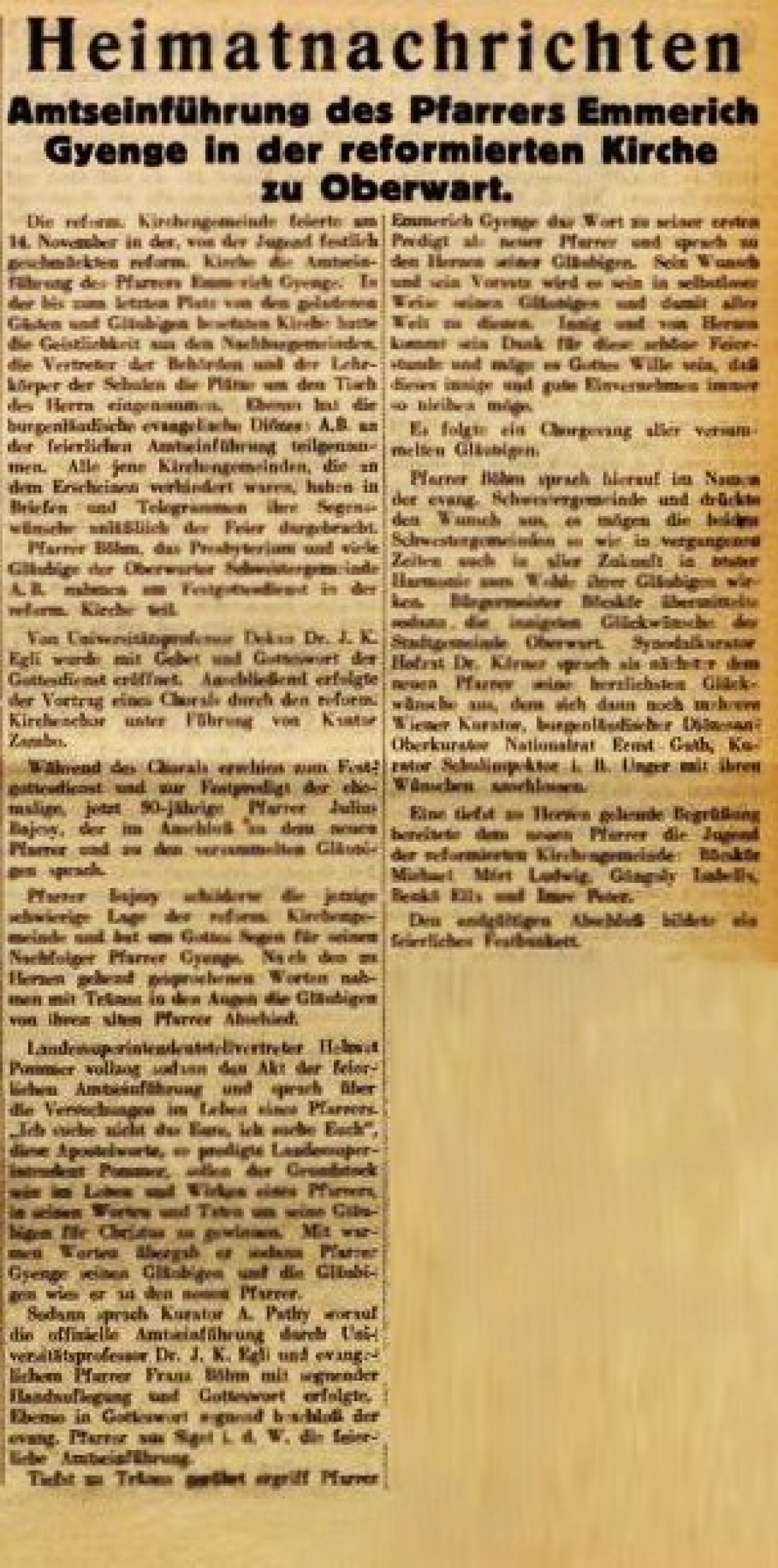 Die Oberwarter Zeitung vom 21. November 1954 berichtet ausführlich über die Amtseinführung von Pfarrer Emmerich Gyenge