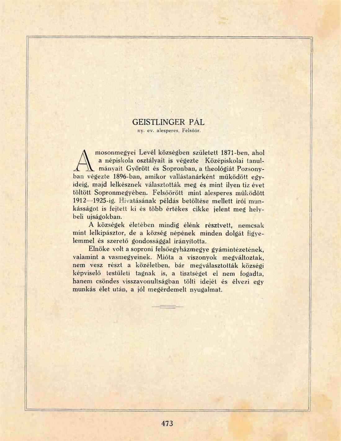 Evang. Pfarrgemeinde AB: Pfarrer Paul Geistlinger / auch Geisztlinger (+1871 / +1952)