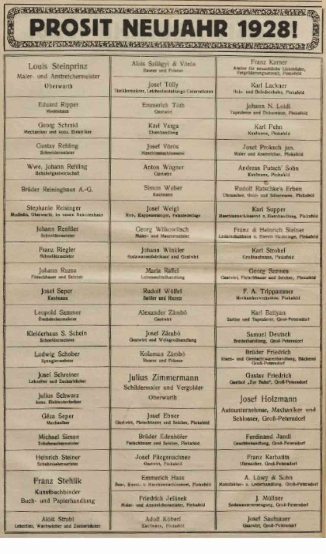 Neujahrswünsche von Oberwarther Firmen in der Oberwarther Sonntags-Zeitung vom 1. Jänner 1928 - 2