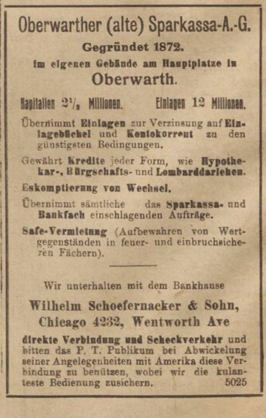 Werbeeinschaltung für die Oberwarther (Alte) Sparkasse[a]-AG in der Oberwarther Sonntags = Zeitung vom 8. November 1922