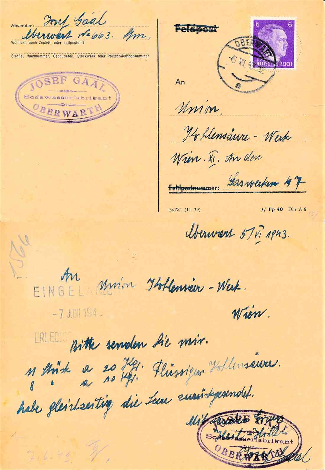 Bestellkarte der Fa. Josef Gaal - Sodawasserfabrikant (OW 663 / Raimundgasse 17)