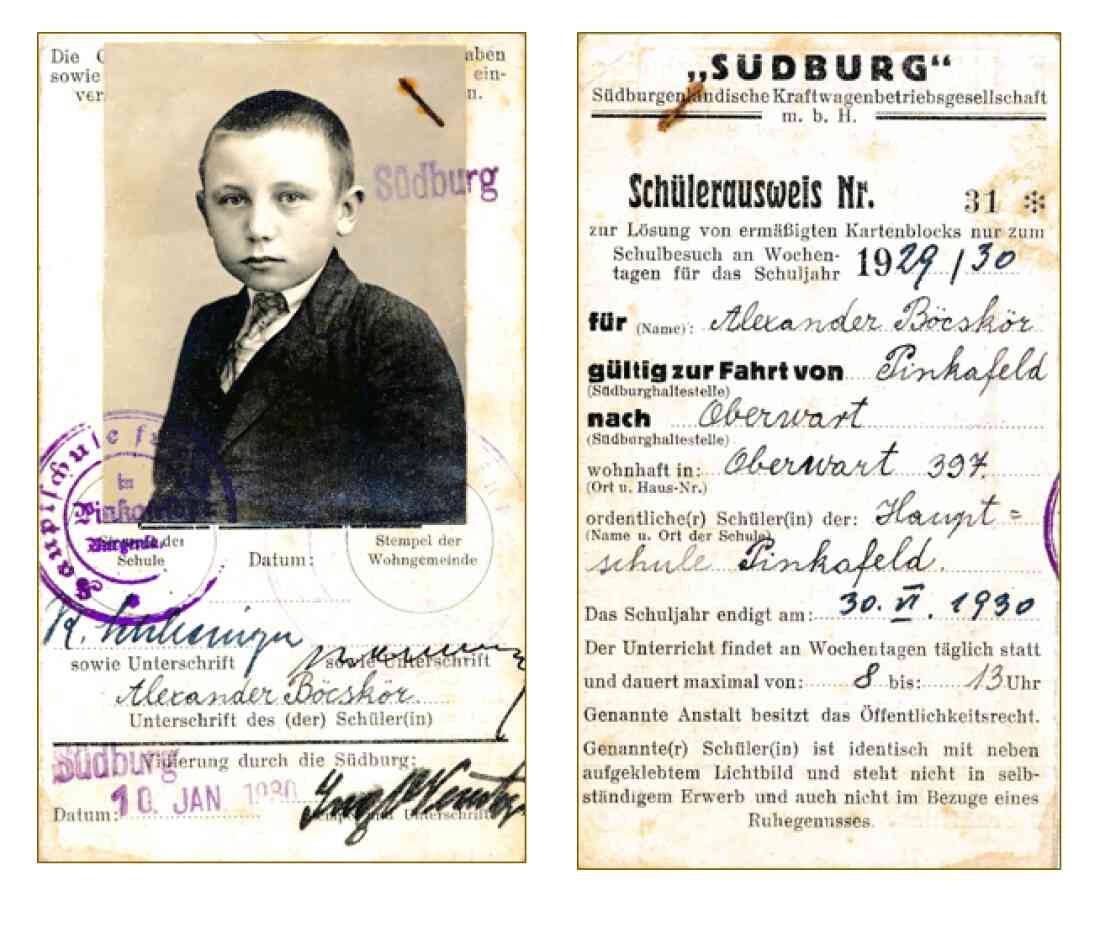 Schüler-Busausweis der Fa. Südburg für Alexander Böcskör (*1915/+1991) - OW 397/Grazerstraße 92