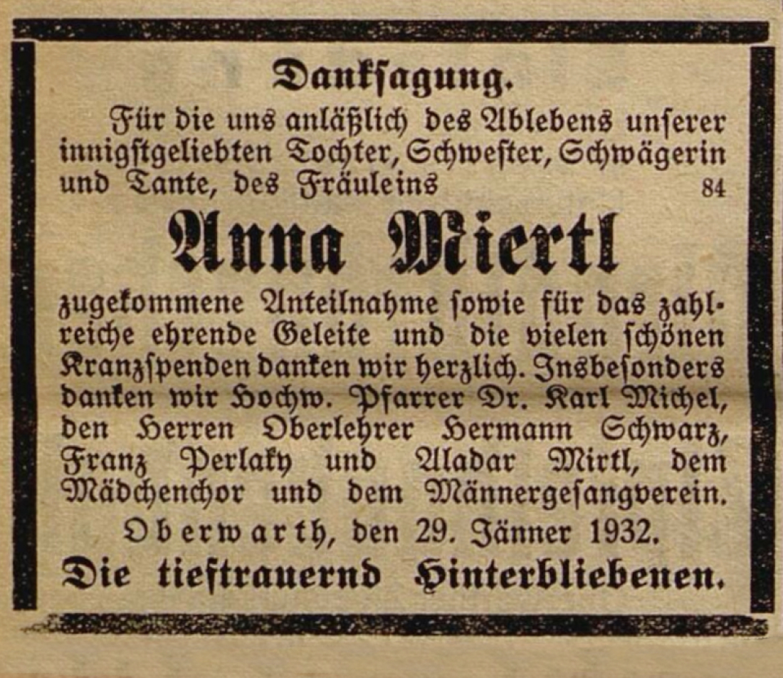 Danksagung anlässlich des Ablebens von Anna Miertl (*1905/+1932) - OW 78 / Am Telek 36 in der Oberwarther Sonntags = Zeitung vom 7. Feber 1932