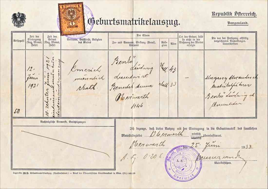 Geburtsmatrikelauszug von Emmerich Benkö (*1921 / +1992; Hausname "Rosner") - Graf Erdödystraße 75