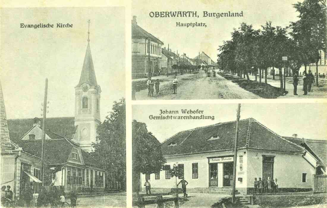 Ansichtskarte: Evang. Kirche, Hauptplatz, Johann Wehofer Gemischtwarenhandlung