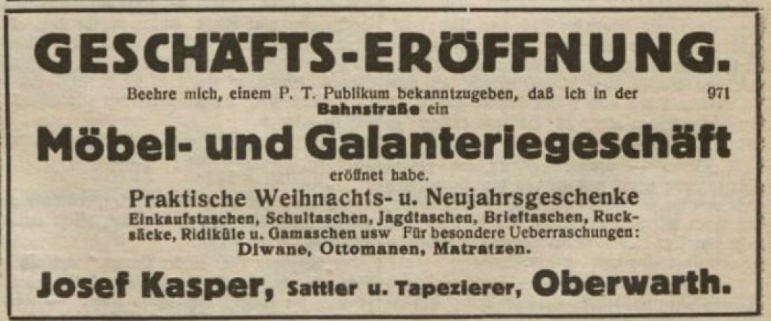 Oberwarther = Sonntagszeitung 18. Dezember 1927 "Geschäftseröffnung Josef Kasper"
