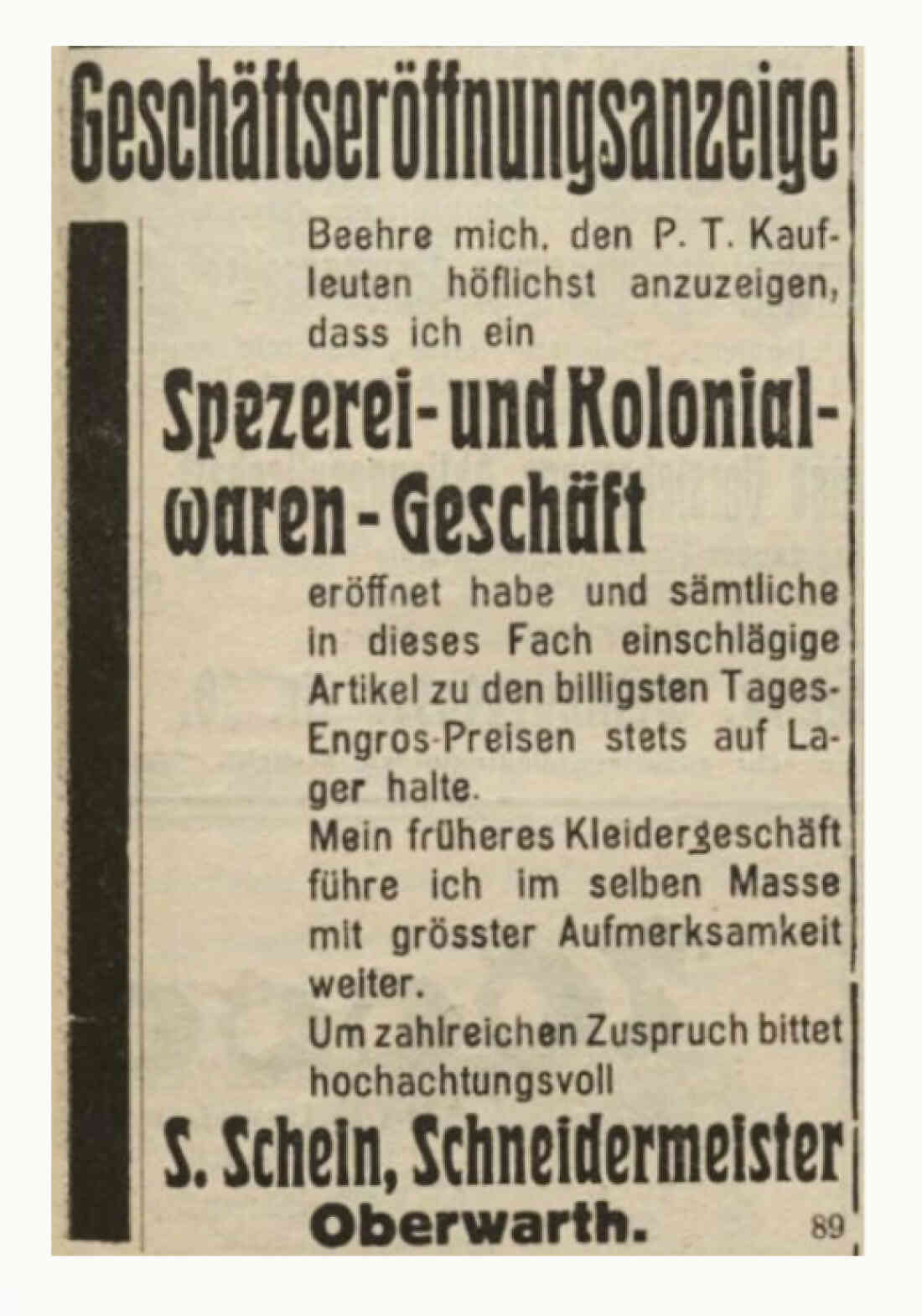 Geschäftsanzeige von Sanal Schein "Spezereien und Kolonialwarengeschäft" Lizstgasse 3 in der Oberwarther Sonntags-Zeitung vom 29. Jänner 1928