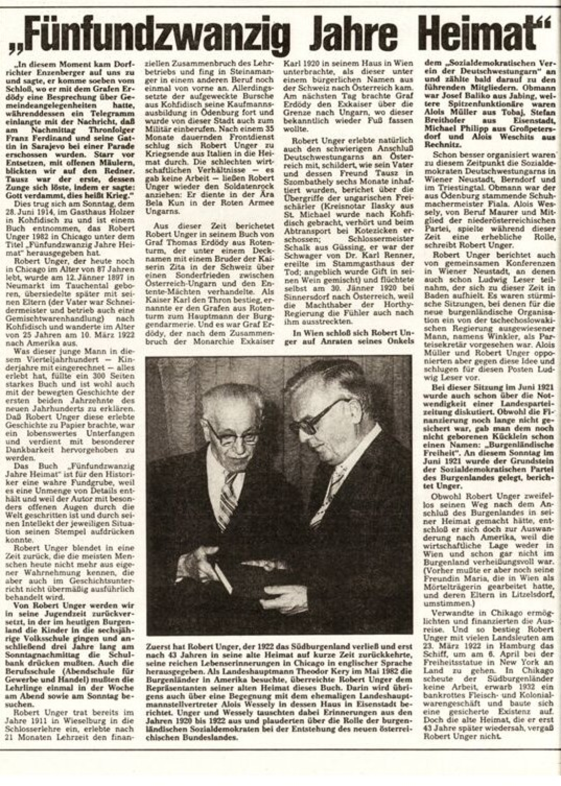 BF vom 22. Feber 1984: "Fünfundzwanzig Jahre Heimat"- Bericht über das Buch und das Leben von Robert Unger, Großonkel der Brüder Bertie, Mario und Geri Unger