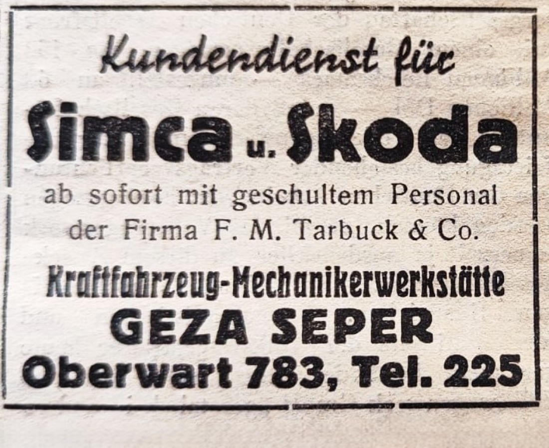 Announce in der Oberwarter Zeitung aus dem Jahr 1956 von Mechaniker Geza Seper
