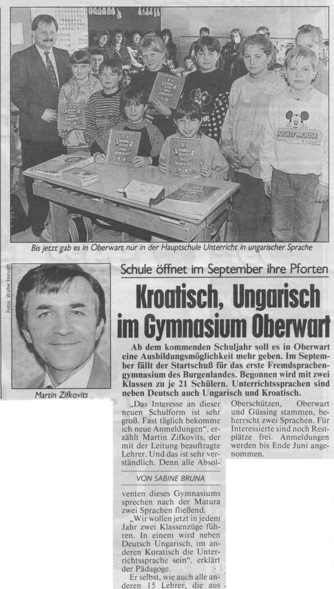 Artikel "Kroatisch, Ungarisch im zweisprachigen Gymnasium" zur bevorstehenden Eröffnung