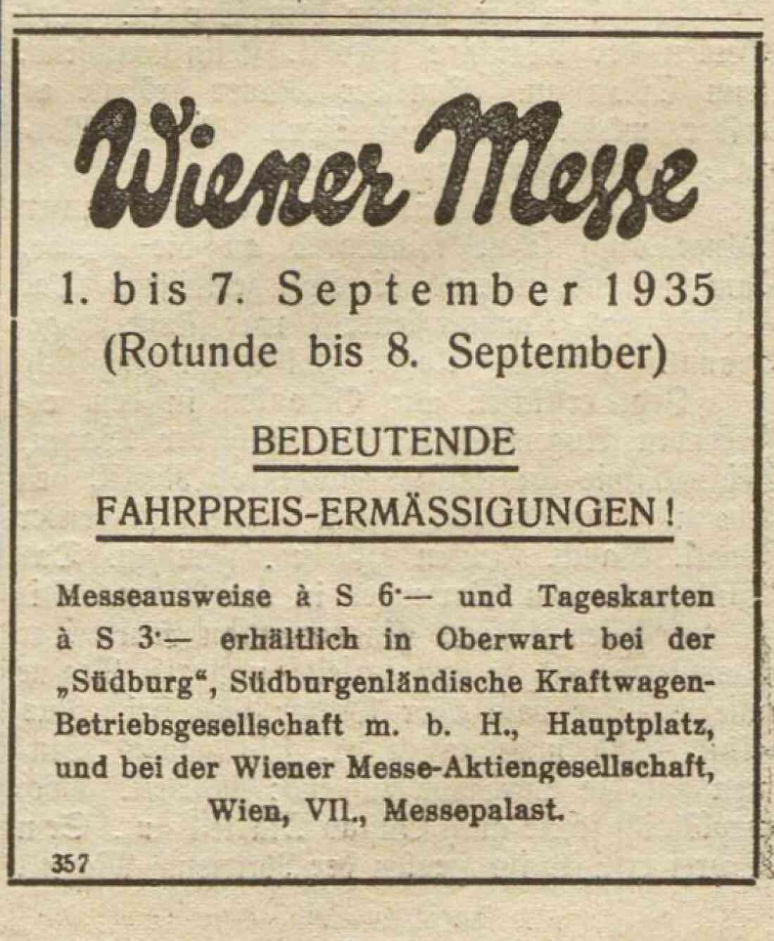 Südburg: Anzeige in der Oberwarther = Sonntagszeitung vom 4. August 1935 - "Ermäßigte Fahrt zur Wiener Messe"