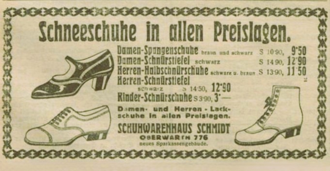 Inserat in der Oberwarther = Sonntagszeitung vom 27. Jänner 1935 von "Schuhwarenhaus Schmidt" (OW 776/Wienerstraße 18)