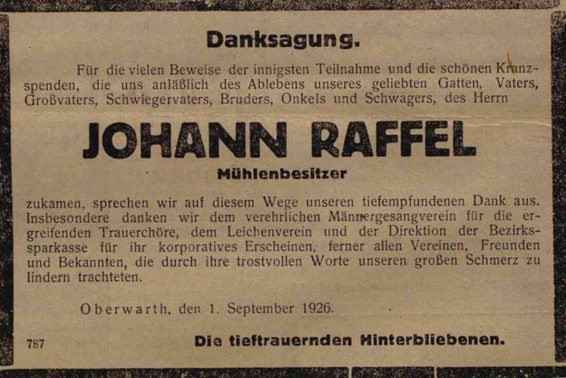 Oberwarther Sonntags = Zeitung vom 5. September 1926 : Danksagung anlässlich des Ablebens von Mühlenbesitzer Johann Raffel (*1866/+1926)