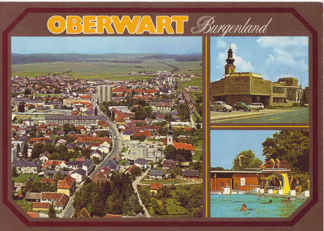 Ansichtskarte: Gesamtansicht, röm- kath. Pfarrzentrum, Freibad
