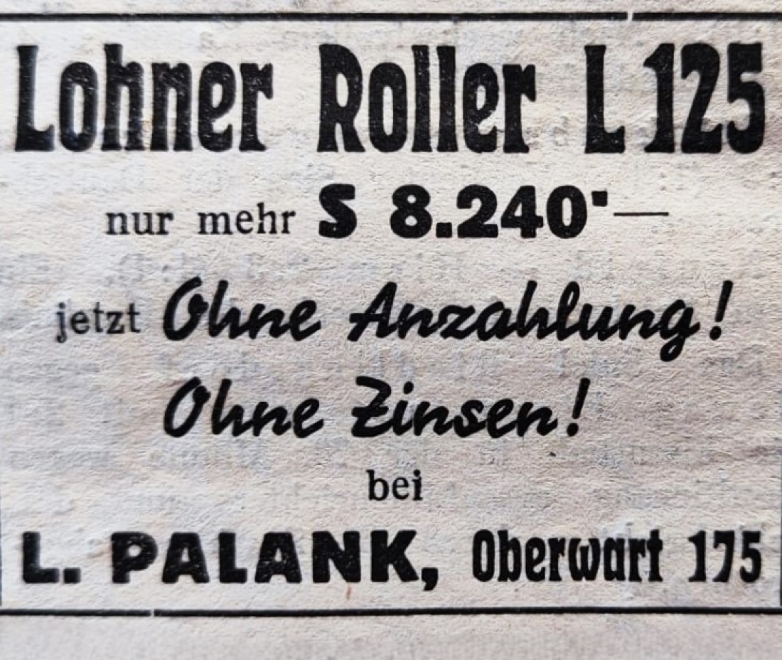 Announce in der Oberwarter Zeitung von Mechanikerbetrieb Ludwig Palank zum Verkauf von Lohner Rollern aus dem Jahr 1956