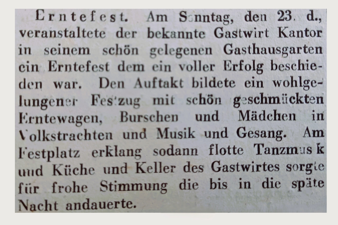 Bericht über ein "Erntefest im Gasthaus Kantor" in der Oberwarter Zeitung vom 30. August 1953